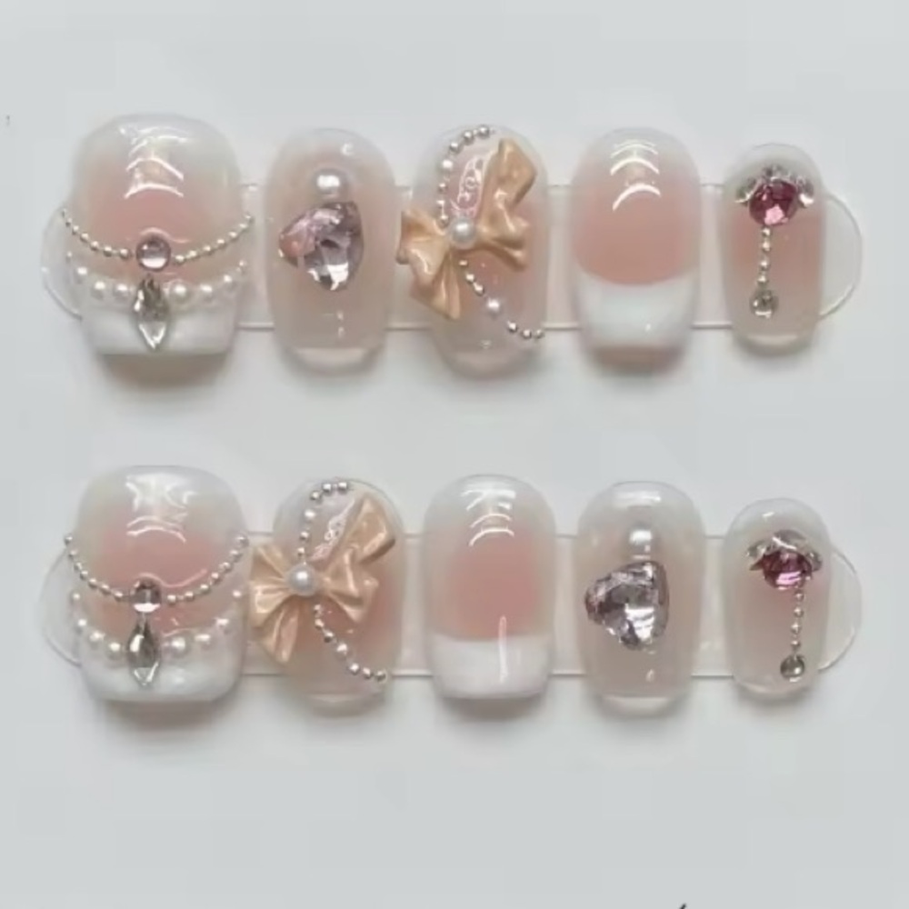 [XS] 10Pcs Handmade Wearable Press on Nails Full Cover French Short Pink Ribbon